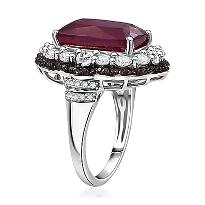 D'Joy Niassa Ruby (FF), White and Chocolate Zircon 15.20 ctw Art Deco Ring in Rhodium Over Sterling Silver (Size 10.0)