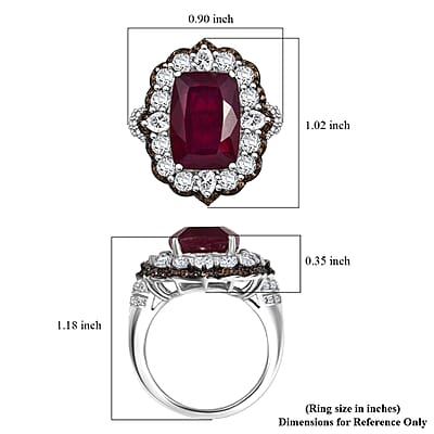 D'Joy Niassa Ruby (FF), White and Chocolate Zircon 15.20 ctw Art Deco Ring in Rhodium Over Sterling Silver (Size 10.0)