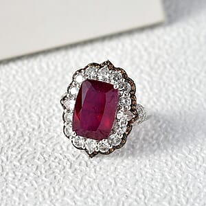 D'Joy Niassa Ruby (FF), White and Chocolate Zircon 15.20 ctw Art Deco Ring in Rhodium Over Sterling Silver (Size 6.0)