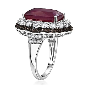 D'Joy Niassa Ruby (FF), White and Chocolate Zircon 15.20 ctw Art Deco Ring in Rhodium Over Sterling Silver (Size 6.0)