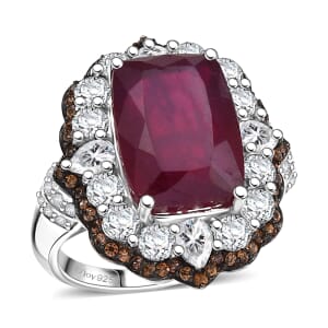 D'Joy Niassa Ruby (FF), White and Chocolate Zircon 15.20 ctw Ring in Rhodium Over Sterling Silver (Size 8.0)