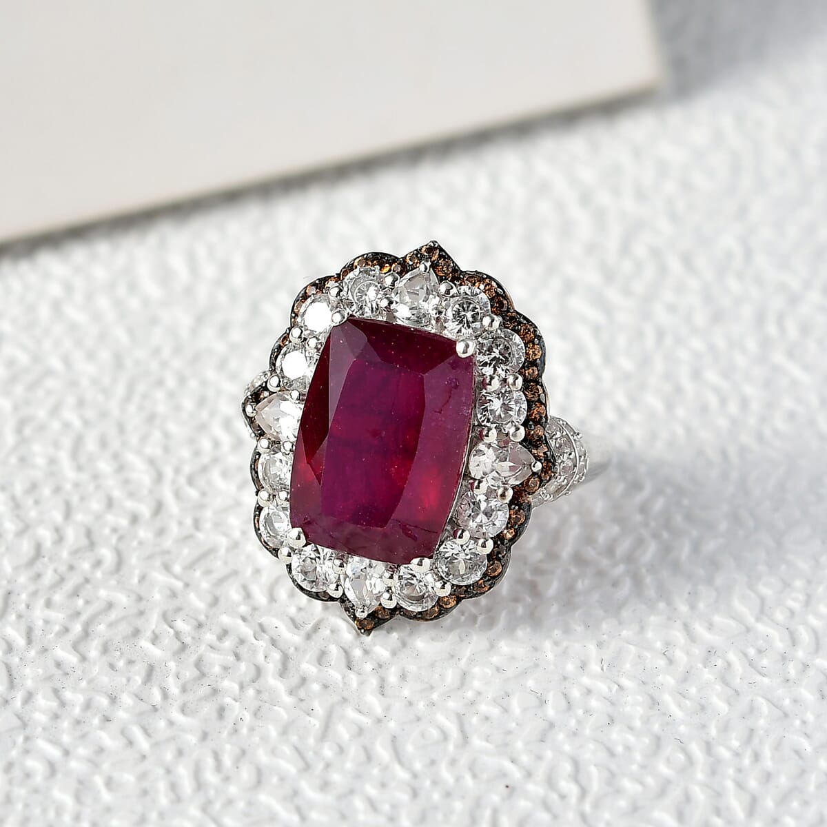 D'Joy Niassa Ruby (FF), White and Chocolate Zircon 15.20 ctw Ring in Rhodium Over Sterling Silver (Size 8.0) image number 1