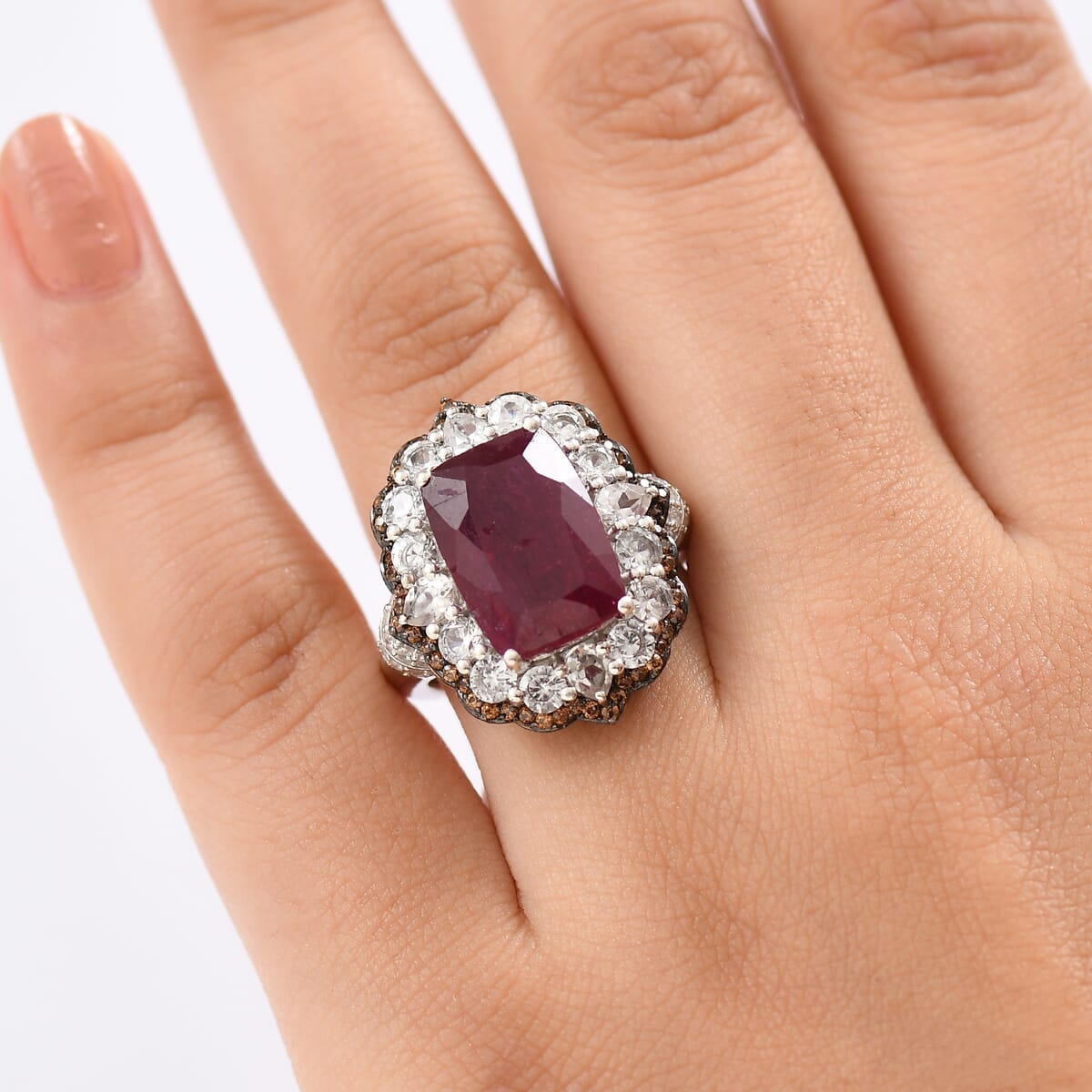 D'Joy Niassa Ruby (FF), White and Chocolate Zircon 15.20 ctw Ring in Rhodium Over Sterling Silver (Size 8.0) image number 2