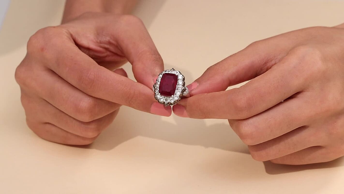 D'Joy Niassa Ruby (FF), White and Chocolate Zircon Ring in Rhodium Over Sterling Silver (Size 10.0) 15.20 ctw