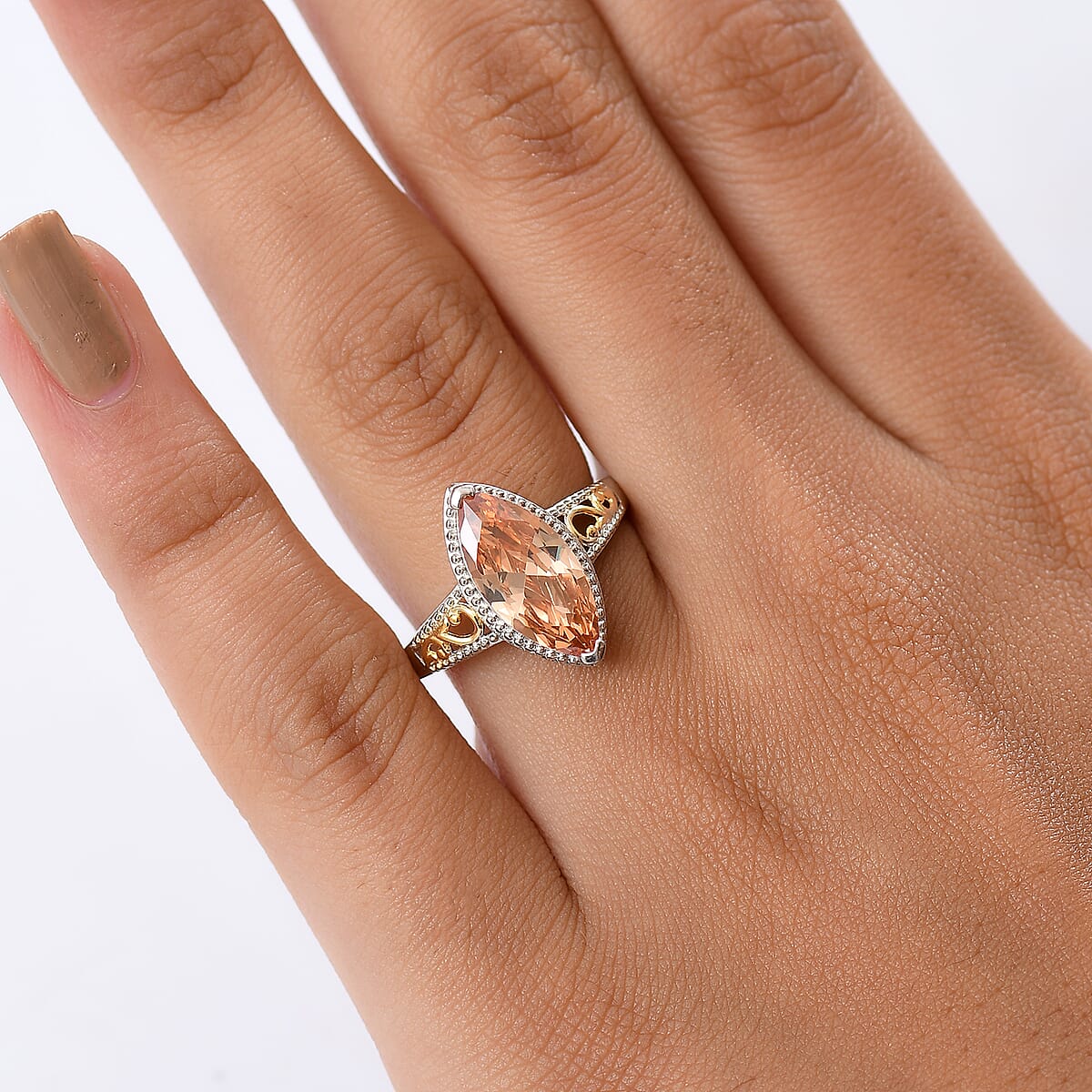 EverTrue Simulated Champagne Diamond Ring in 18K YG Plated and Platinum Bond (Size 10.0) image number 2