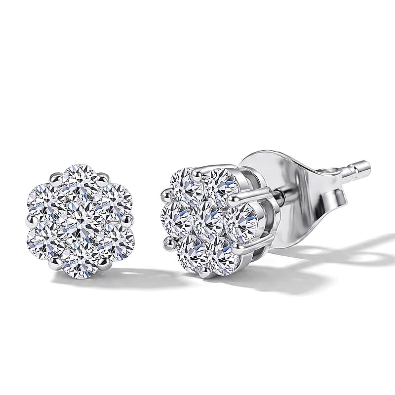 Luxuriant Lab Grown Diamond G-H SI 1.50 ctw Floral Stud Earrings in Rhodium Over Sterling Silver