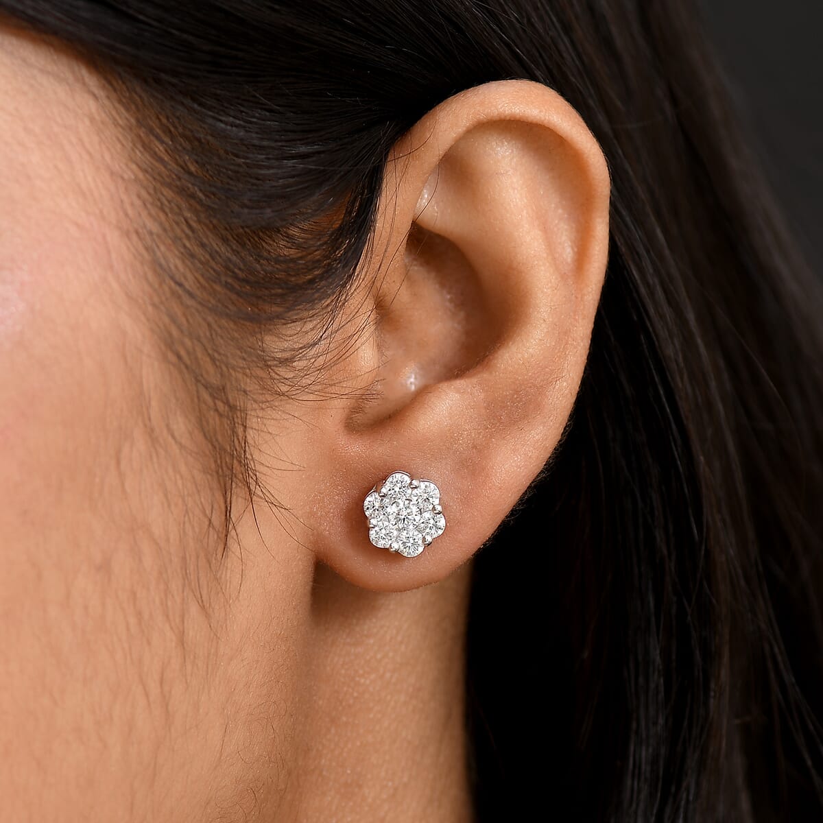Luxuriant Lab Grown Diamond G-H SI 1.50 ctw Floral Stud Earrings in Rhodium Over Sterling Silver  image number 2