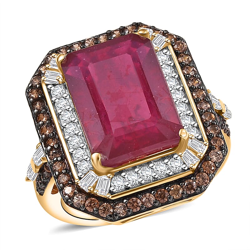 D'Joy Niassa Ruby (FF), White and Chocolate Zircon 12.80 ctw Art Deco Ring in 18K Vermeil Yellow Gold Over Sterling Silver (Size 10.0)