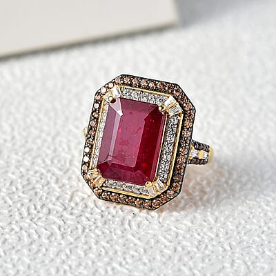 D'Joy Niassa Ruby (FF), White and Chocolate Zircon 12.80 ctw Art Deco Ring in 18K Vermeil Yellow Gold Over Sterling Silver (Size 10.0)