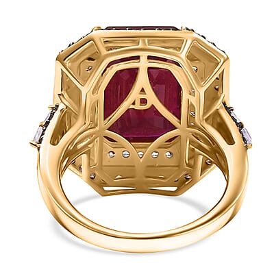 D'Joy Niassa Ruby (FF), White and Chocolate Zircon 12.80 ctw Art Deco Ring in 18K Vermeil Yellow Gold Over Sterling Silver (Size 10.0)