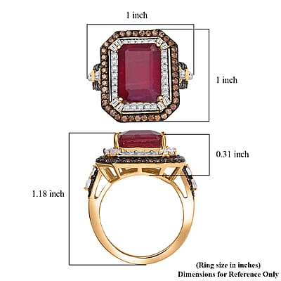 D'Joy Niassa Ruby (FF), White and Chocolate Zircon 12.80 ctw Art Deco Ring in 18K Vermeil Yellow Gold Over Sterling Silver (Size 10.0)