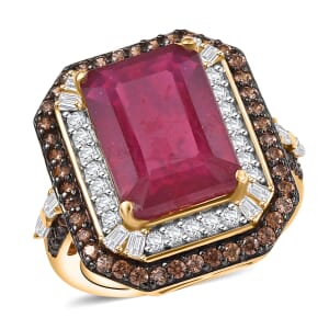 D'Joy Niassa Ruby (FF), White and Chocolate Zircon Ring in 18K Vermeil YG Over Sterling Silver (Size 10.0) 12.80 ctw