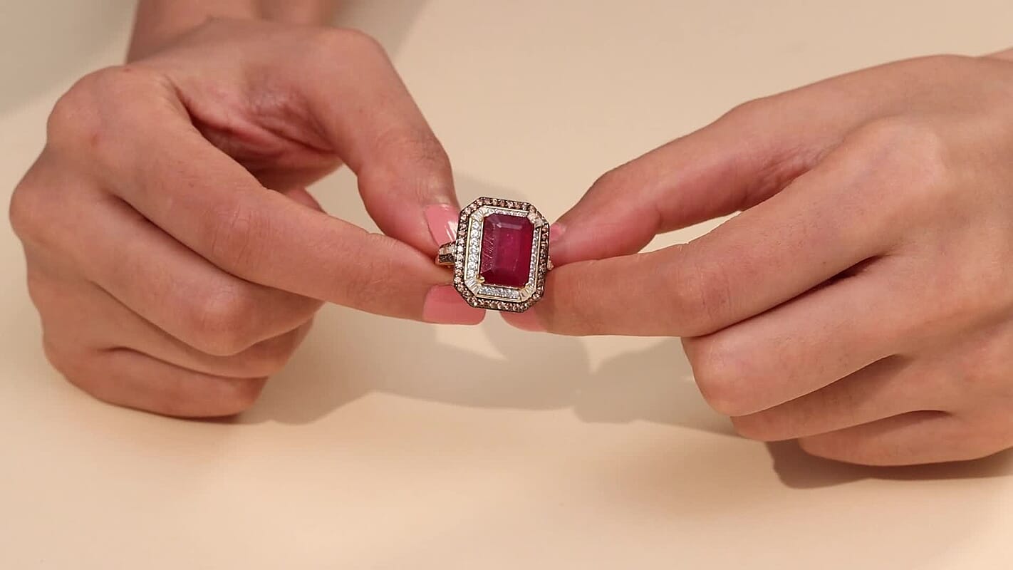 D'Joy Niassa Ruby (FF), White and Chocolate Zircon Ring in 18K Vermeil YG Over Sterling Silver (Size 10.0) 12.80 ctw