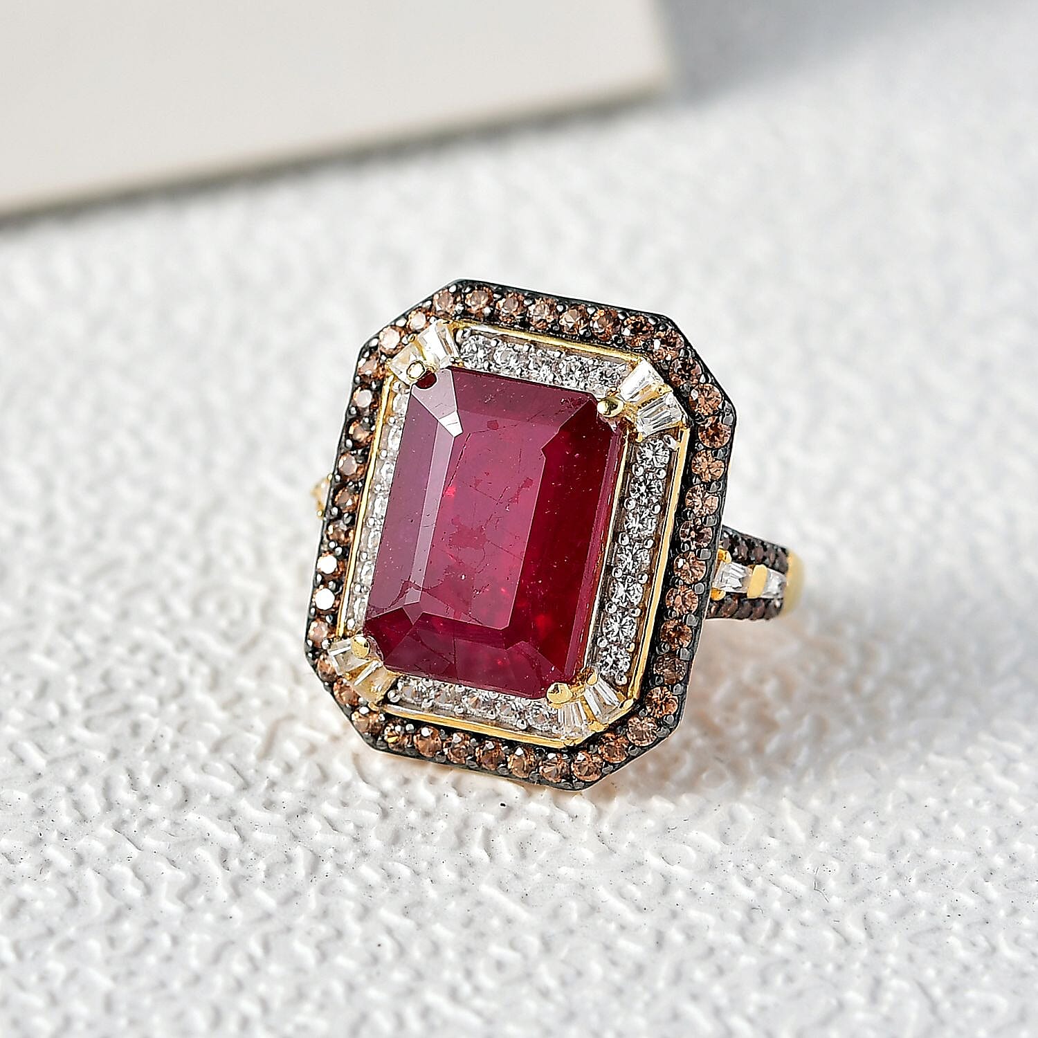 D'Joy Niassa Ruby (FF), White and Chocolate Zircon Ring in 18K Vermeil YG Over Sterling Silver (Size 10.0) 12.80 ctw