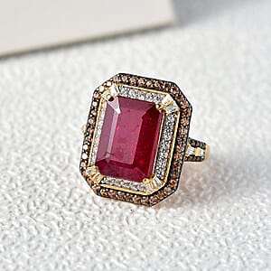 D'Joy Niassa Ruby (FF), White and Chocolate Zircon 12.80 ctw Art Deco Ring in 18K Vermeil Yellow Gold Over Sterling Silver (Size 7.0)