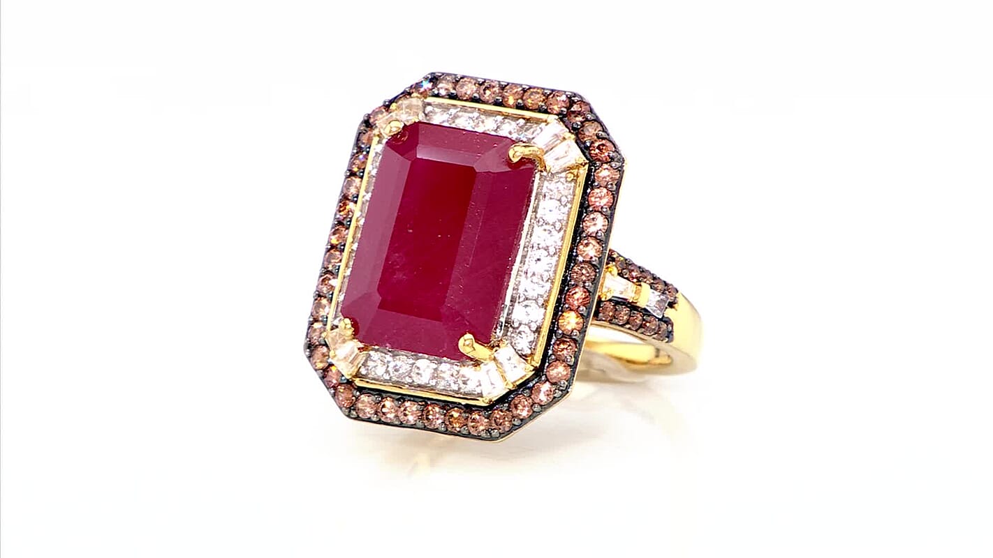 D'Joy Niassa Ruby (FF), White and Chocolate Zircon Ring in 18K Vermeil YG Over Sterling Silver (Size 10.0) 12.80 ctw