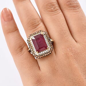 D'Joy Niassa Ruby (FF), White and Chocolate Zircon 12.80 ctw Art Deco Ring in 18K Vermeil Yellow Gold Over Sterling Silver (Size 7.0)