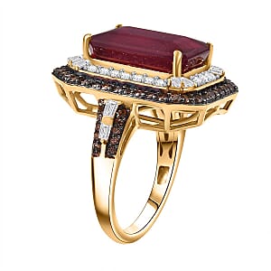 D'Joy Niassa Ruby (FF), White and Chocolate Zircon 12.80 ctw Art Deco Ring in 18K Vermeil Yellow Gold Over Sterling Silver (Size 7.0)