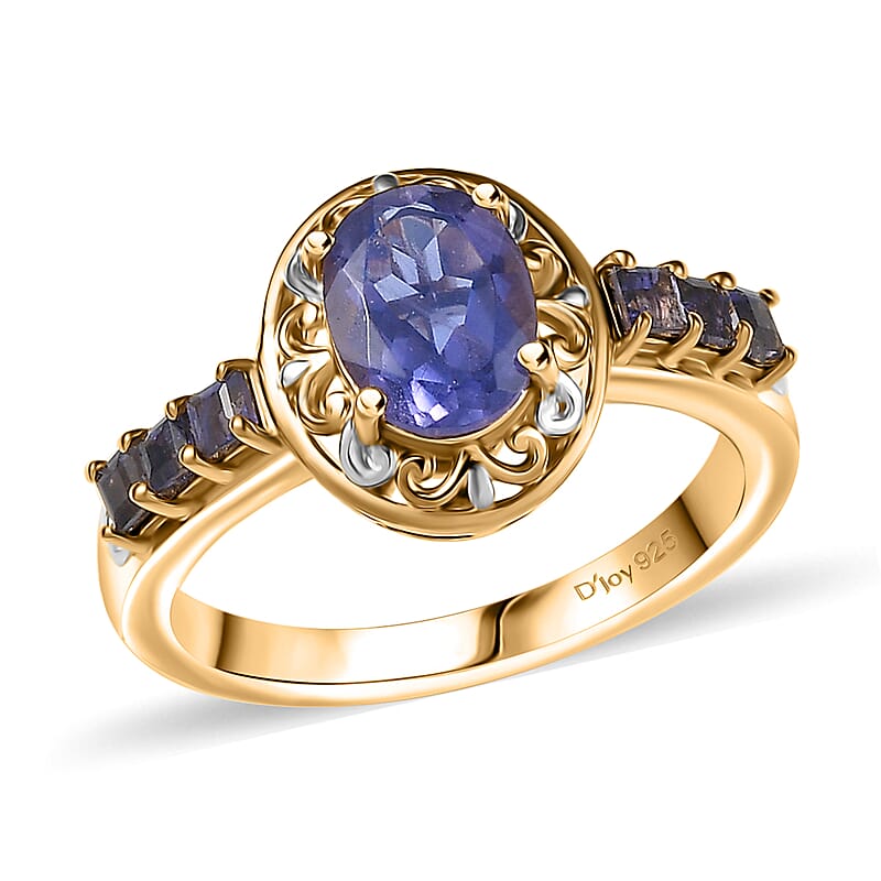 D'Joy Catalina Iolite 1.30 ctw Golden Orbit Ring in Rhodium and 18K Vermeil Yellow Gold Over Sterling Silver (Size 10.0)