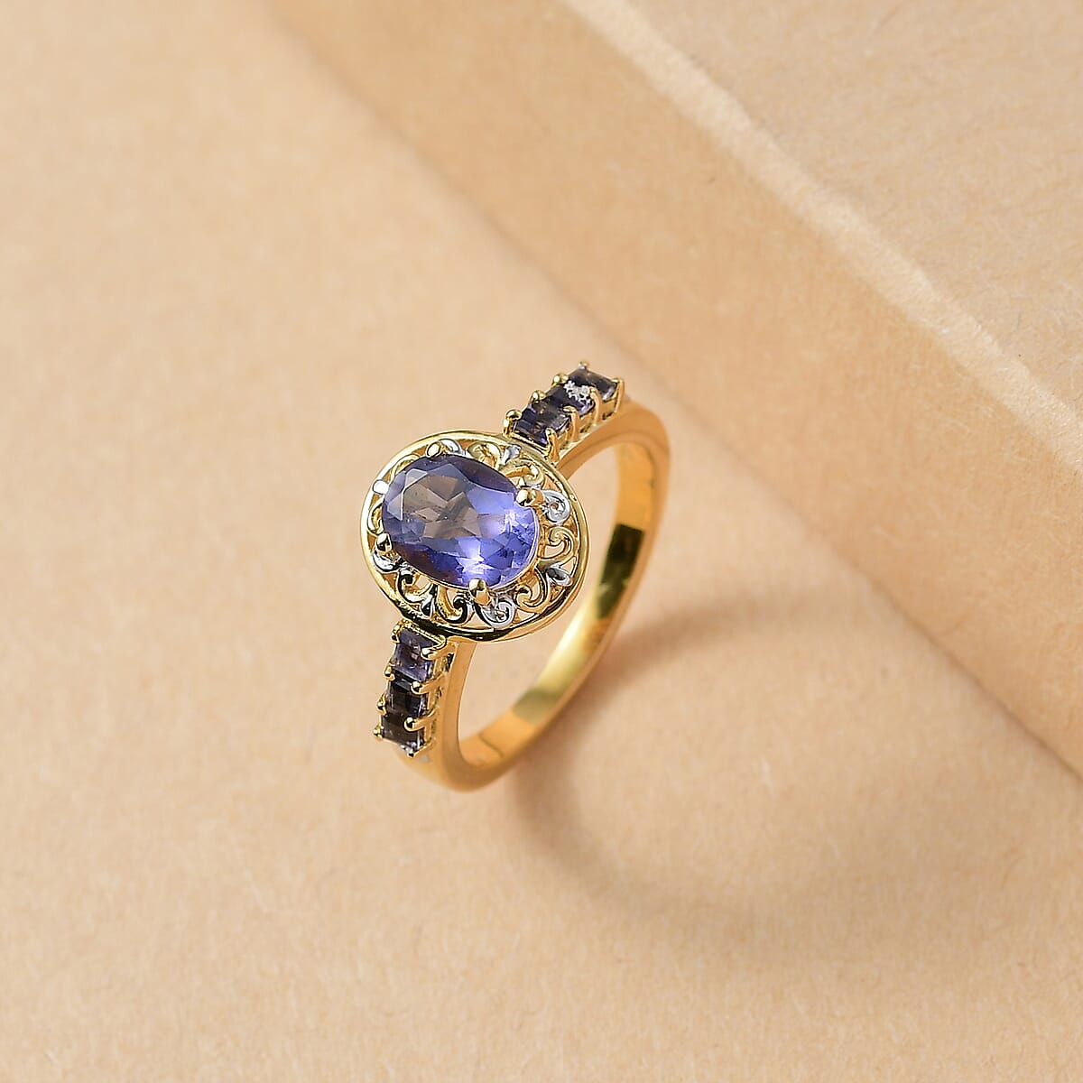 D'Joy Catalina Iolite 1.30 ctw Golden Orbit Ring in Rhodium and 18K Vermeil Yellow Gold Over Sterling Silver (Size 5.0) image number 1