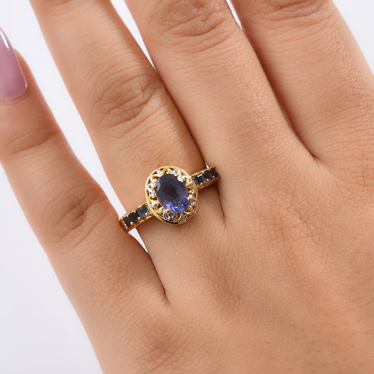 D'Joy Catalina Iolite 1.30 ctw Golden Orbit Ring in Rhodium and 18K Vermeil Yellow Gold Over Sterling Silver (Size 7.0) image number 2