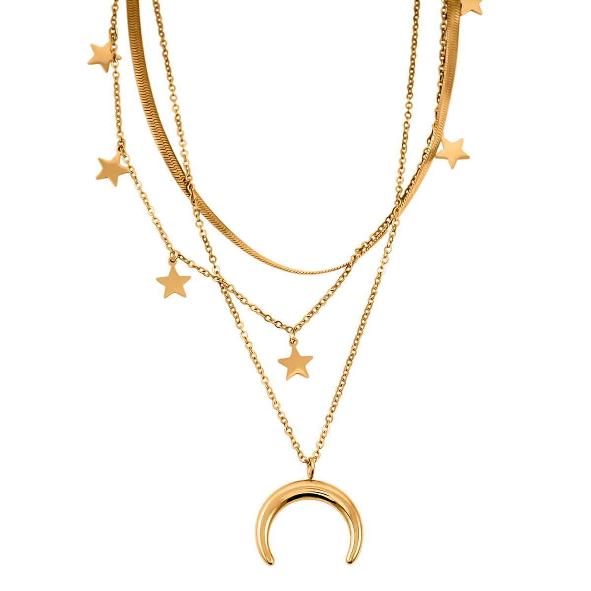 3 Layered Chain Star and Moon Charm Necklace with 2Inch Extender (16, 18 and 22 Inches) in ION Plated YG Stainless Steel image number 0