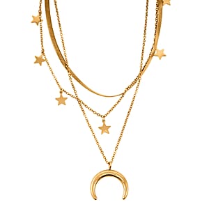 3 Layered Chain Star and Moon Charm Necklace with 2Inch Extender (16, 18 and 22 Inches) in ION Plated YG Stainless Steel