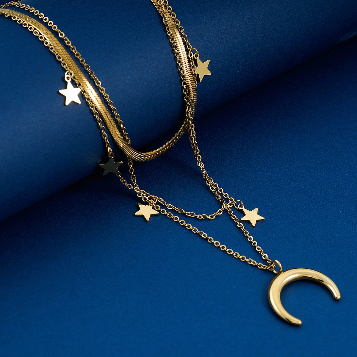 3 Layered Chain Star and Moon Charm Necklace with 2Inch Extender (16, 18 and 22 Inches) in ION Plated YG Stainless Steel image number 1