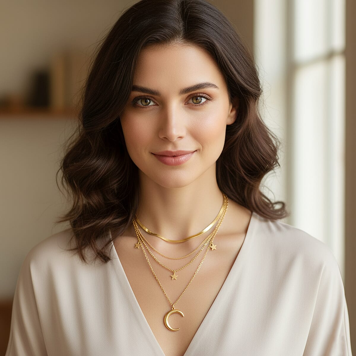 3 Layered Chain Star and Moon Charm Necklace with 2Inch Extender (16, 18 and 22 Inches) in ION Plated YG Stainless Steel image number 2