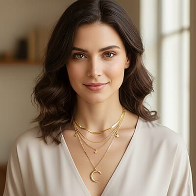 3 Layered Chain Star and Moon Charm Necklace with 2Inch Extender (16, 18 and 22 Inches) in ION Plated YG Stainless Steel