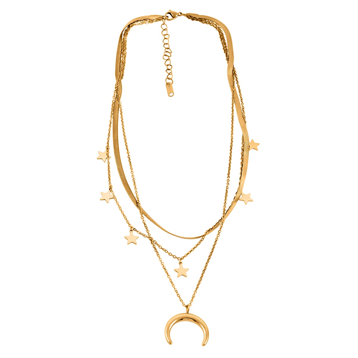 3 Layered Chain Star and Moon Charm Necklace with 2Inch Extender (16, 18 and 22 Inches) in ION Plated YG Stainless Steel image number 3