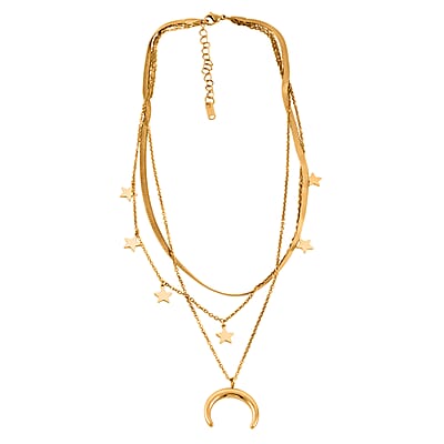 3 Layered Chain Star and Moon Charm Necklace with 2Inch Extender (16, 18 and 22 Inches) in ION Plated YG Stainless Steel