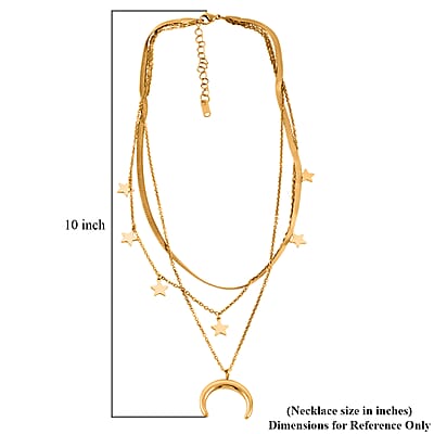 3 Layered Chain Star and Moon Charm Necklace with 2Inch Extender (16, 18 and 22 Inches) in ION Plated YG Stainless Steel