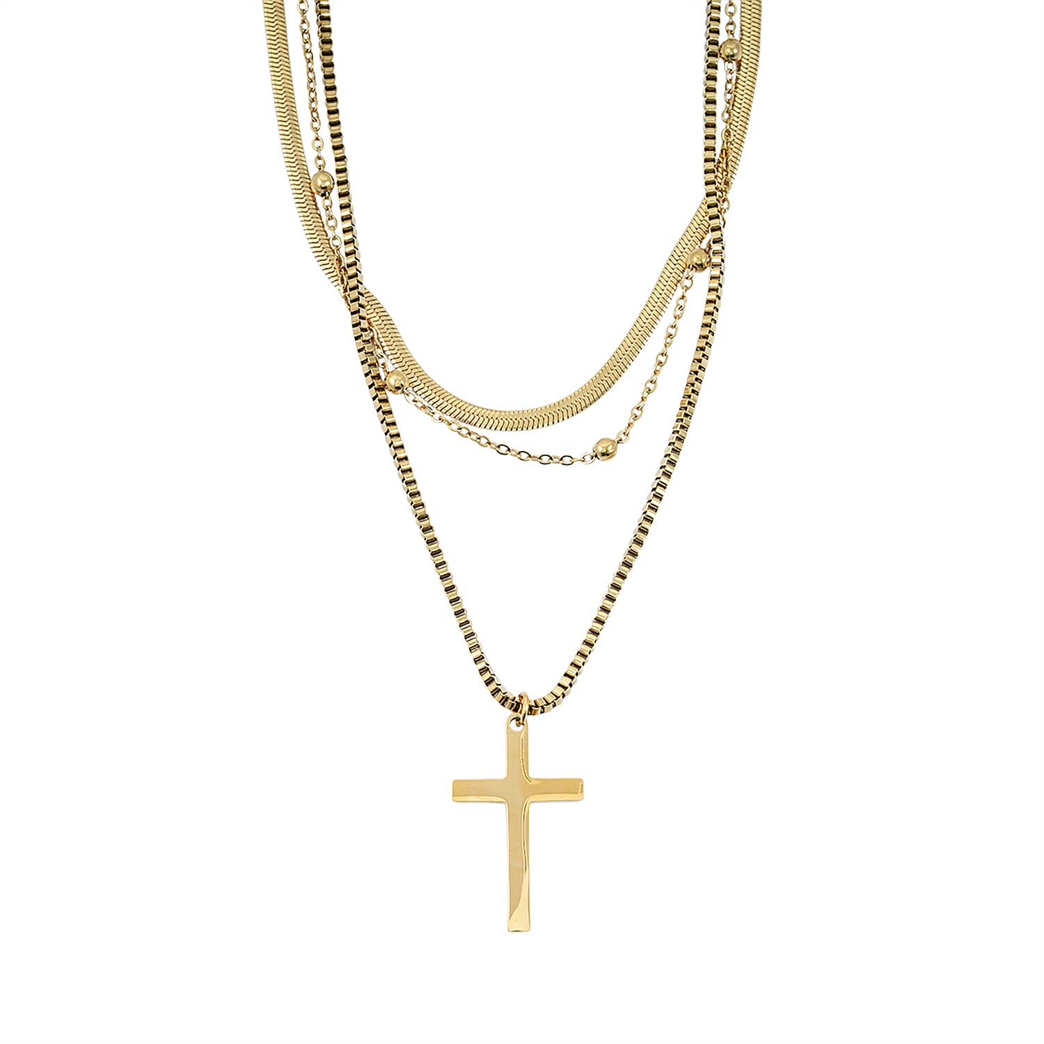 3 Layered Chain Cross Charm Necklace with 2Inch Extender (16, 18 and 22 Inches) in ION Plated YG Stainless Steel