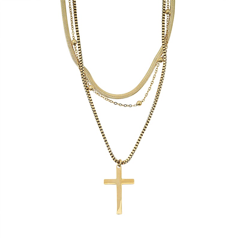 3 Layered Chain Cross Charm Necklace with 2Inch Extender (16, 18 and 22 Inches) in ION Plated YG Stainless Steel