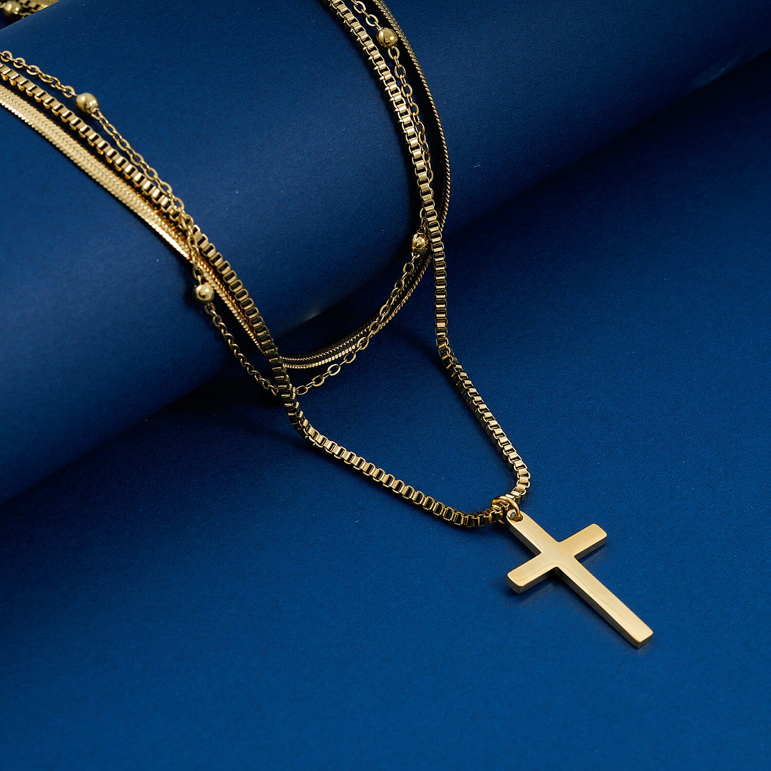 3 Layered Chain Cross Charm Necklace with 2Inch Extender (16, 18 and 22 Inches) in ION Plated YG Stainless Steel