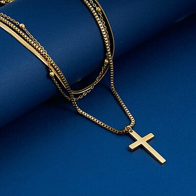 3 Layered Chain Cross Charm Necklace with 2Inch Extender (16, 18 and 22 Inches) in ION Plated YG Stainless Steel