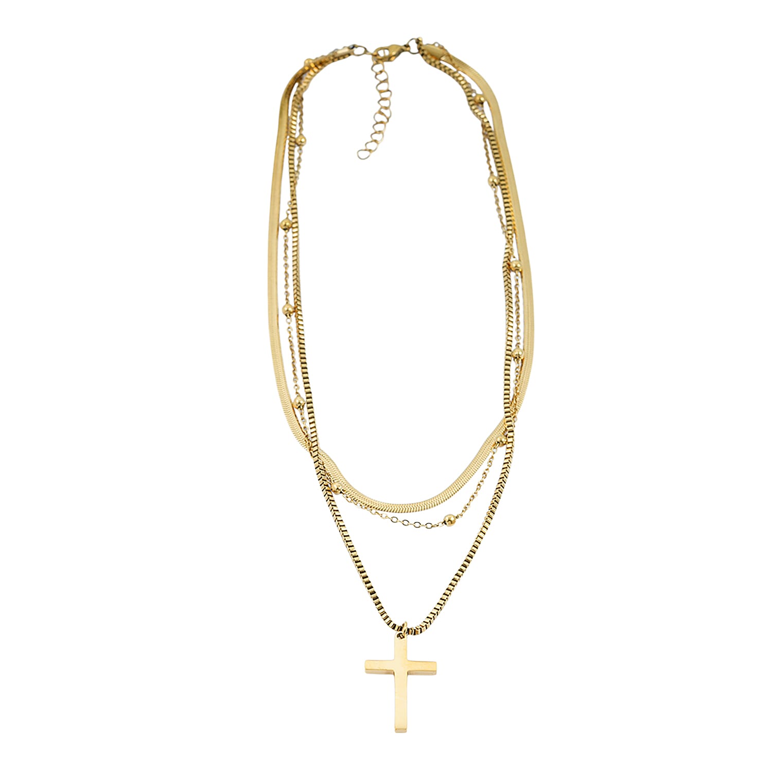 3 Layered Chain Cross Charm Necklace with 2Inch Extender (16, 18 and 22 Inches) in ION Plated YG Stainless Steel