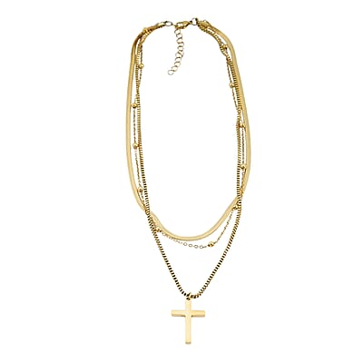3 Layered Chain Cross Charm Necklace with 2Inch Extender (16, 18 and 22 Inches) in ION Plated YG Stainless Steel
