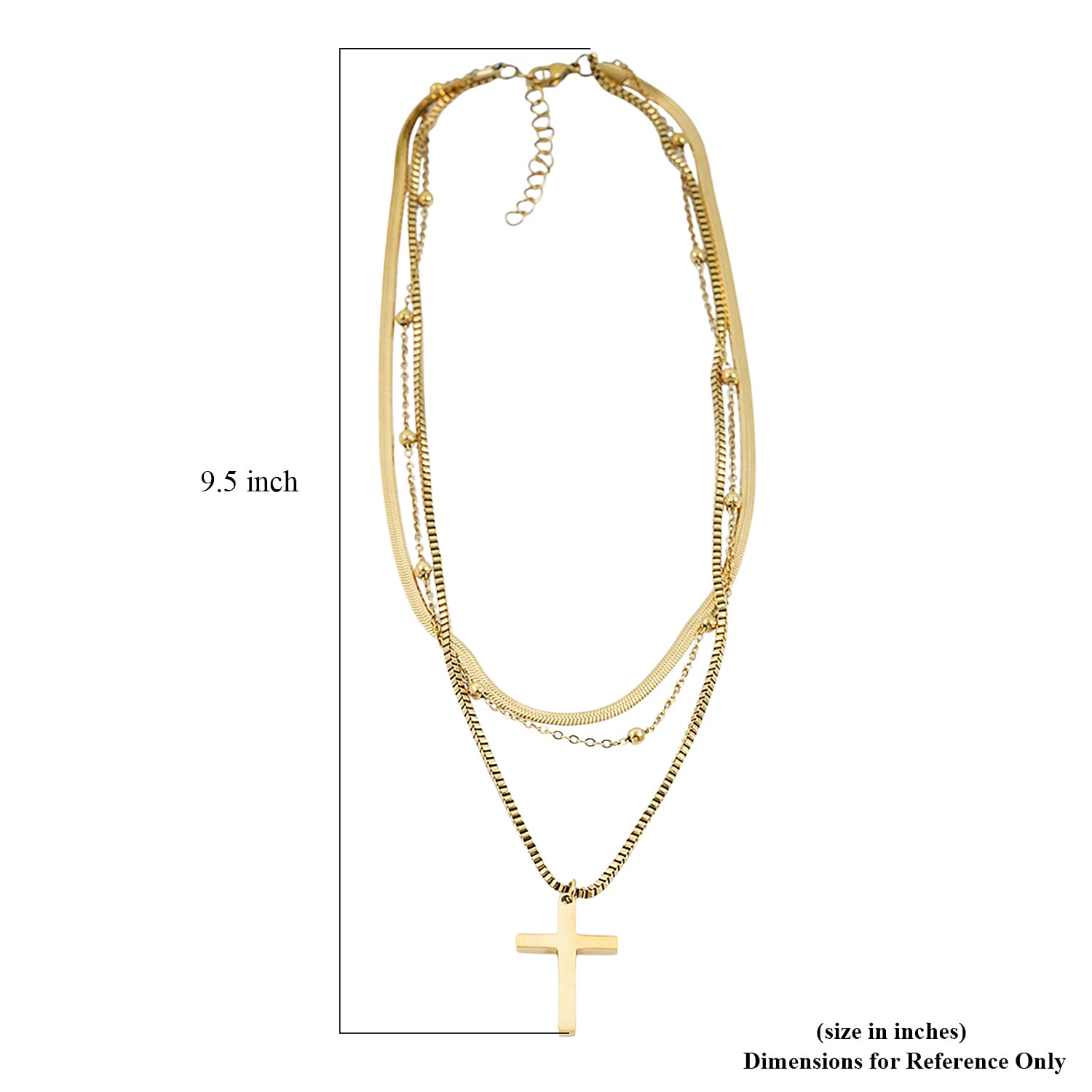3 Layered Chain Cross Charm Necklace with 2Inch Extender (16, 18 and 22 Inches) in ION Plated YG Stainless Steel