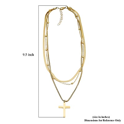 3 Layered Chain Cross Charm Necklace with 2Inch Extender (16, 18 and 22 Inches) in ION Plated YG Stainless Steel