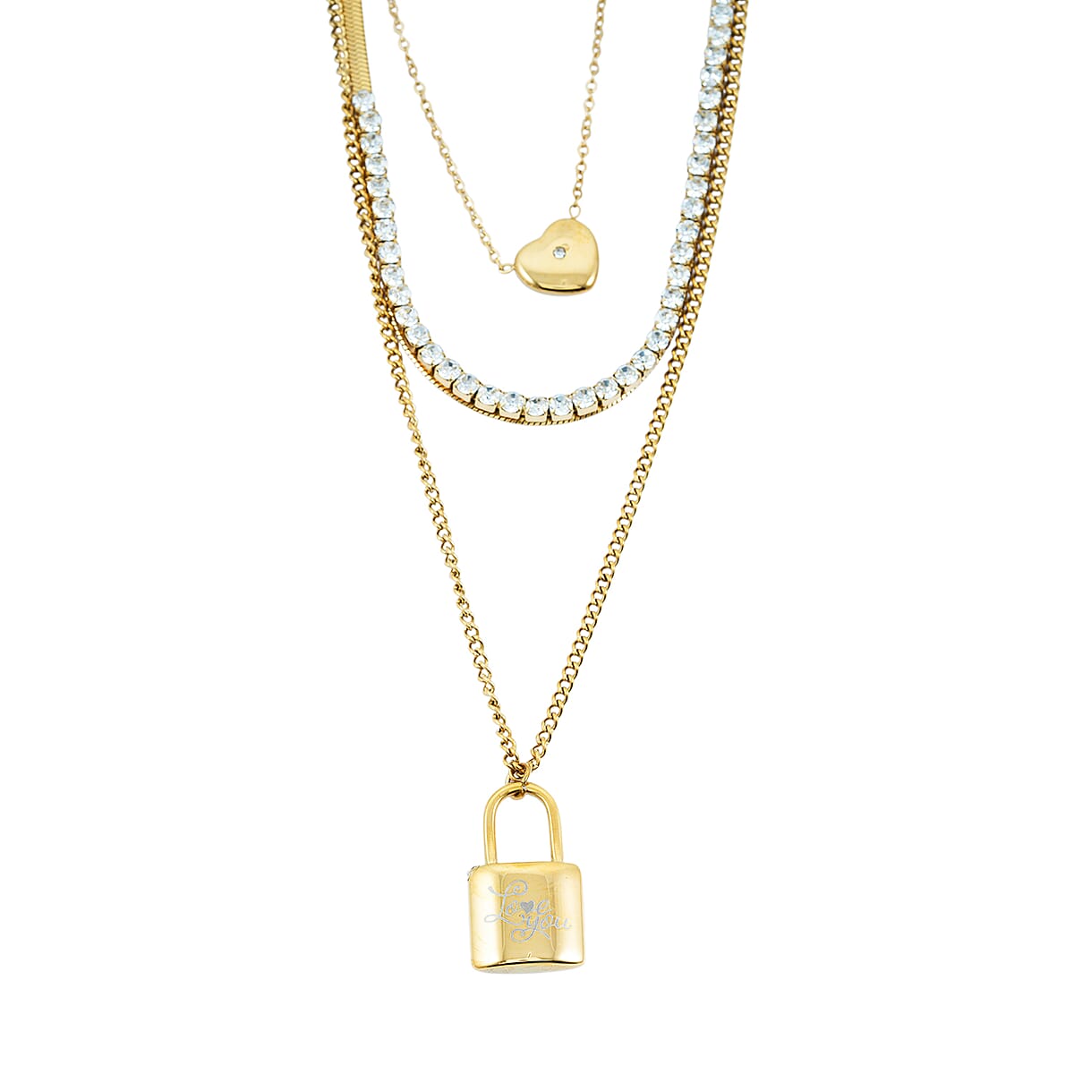 Austrian Crystal 3 Layered Lock and Heart Charm Necklace with 2 Inch Extender (16, 18 and 22 Inches) in ION Plated YG Stainless Steel image number 0