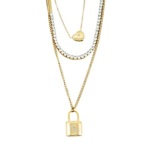 Austrian Crystal 3 Layered Lock and Heart Charm Necklace with 2 Inch Extender (16, 18 and 22 Inches) in ION Plated YG Stainless Steel