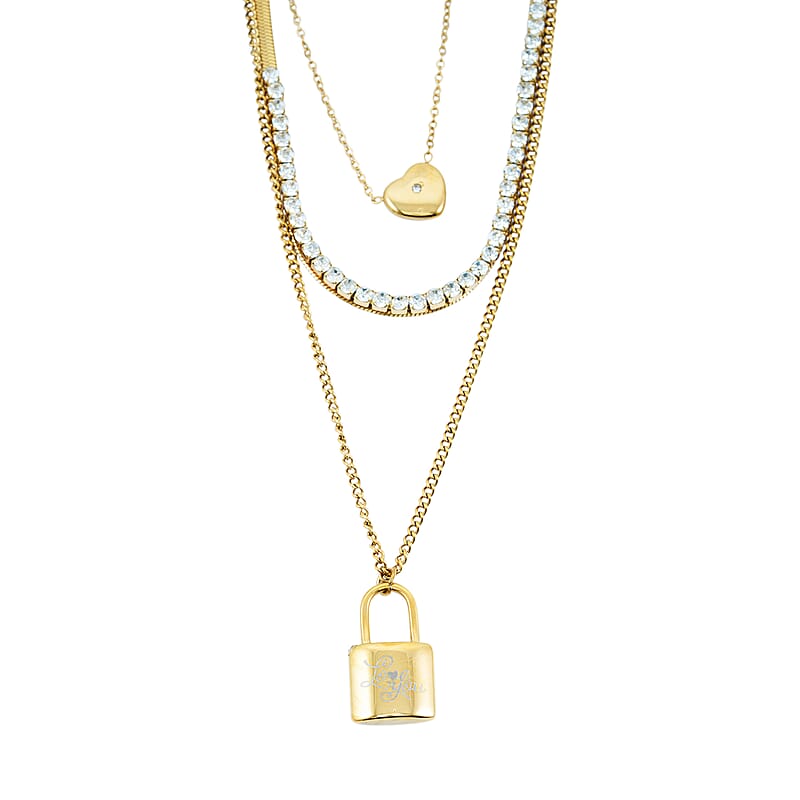 Austrian Crystal 3 Layered Lock and Heart Charm Necklace with 2 Inch Extender (16, 18 and 22 Inches) in ION Plated YG Stainless Steel