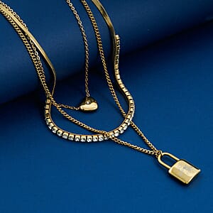 Austrian Crystal 3 Layered Lock and Heart Charm Necklace with 2 Inch Extender (16, 18 and 22 Inches) in ION Plated YG Stainless Steel
