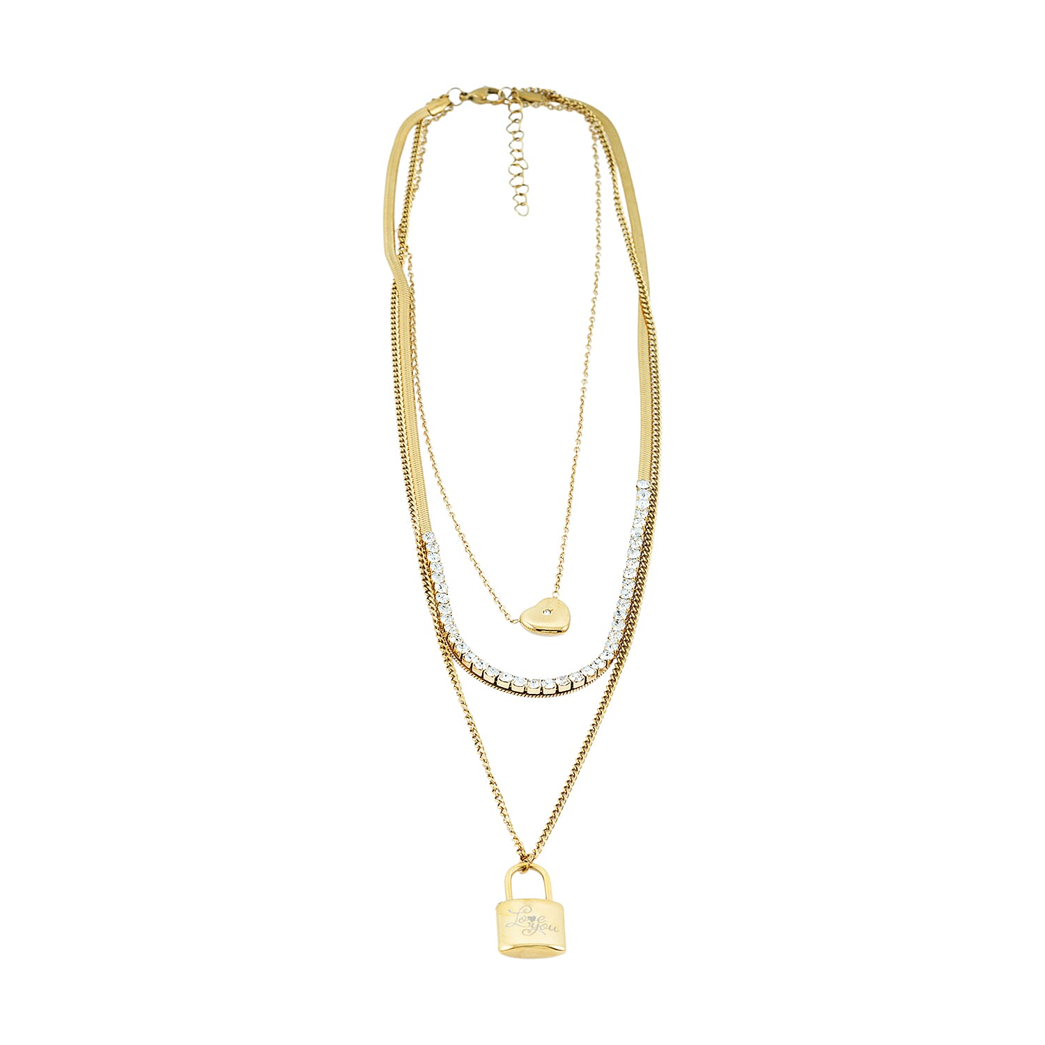 Austrian Crystal 3 Layered Lock and Heart Charm Necklace with 2 Inch Extender (16, 18 and 22 Inches) in ION Plated YG Stainless Steel