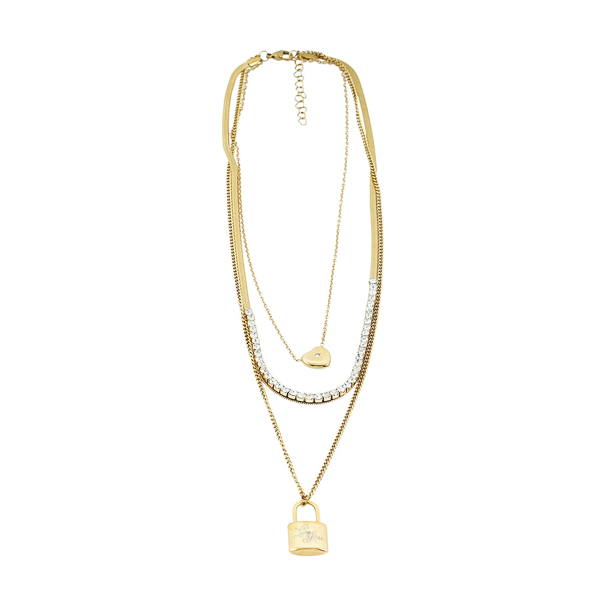 Austrian Crystal 3 Layered Lock and Heart Charm Necklace with 2 Inch Extender (16, 18 and 22 Inches) in ION Plated YG Stainless Steel image number 3