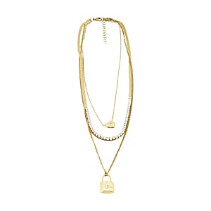 Austrian Crystal 3 Layered Lock and Heart Charm Necklace with 2 Inch Extender (16, 18 and 22 Inches) in ION Plated YG Stainless Steel