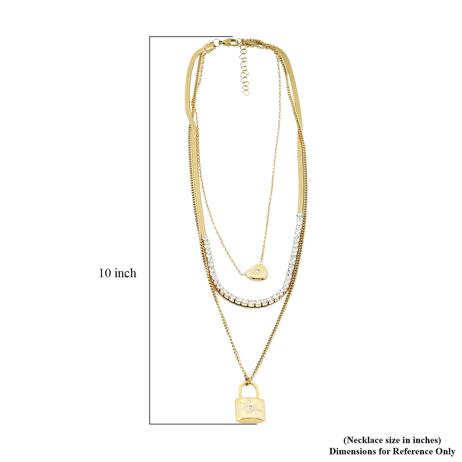 Austrian Crystal 3 Layered Lock and Heart Charm Necklace with 2 Inch Extender (16, 18 and 22 Inches) in ION Plated YG Stainless Steel