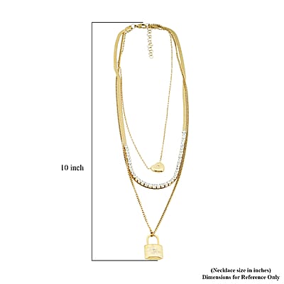 Austrian Crystal 3 Layered Lock and Heart Charm Necklace with 2 Inch Extender (16, 18 and 22 Inches) in ION Plated YG Stainless Steel